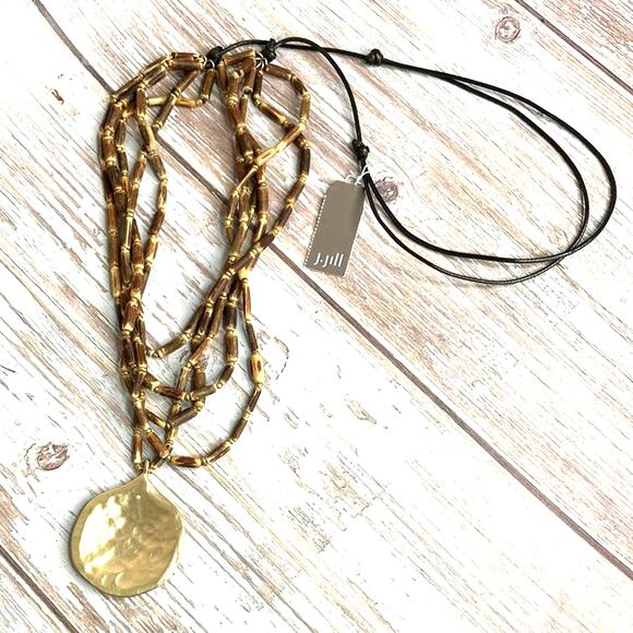 NWT J. Jill Boho Coconut Shell Wood Bead Necklace With Gold Hammered Pendant - Picture 11 of 11